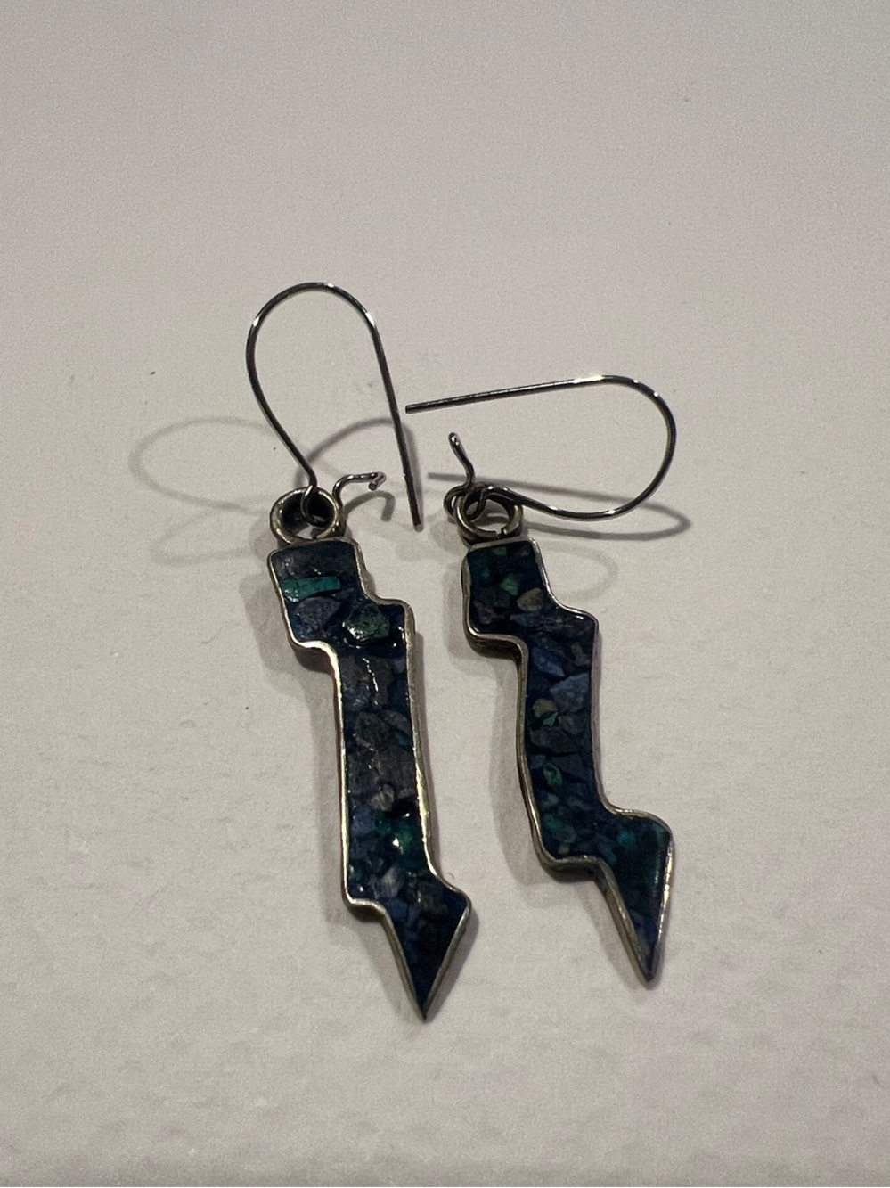 Silver Blue-Green Inlay Lightning Drop Earrings